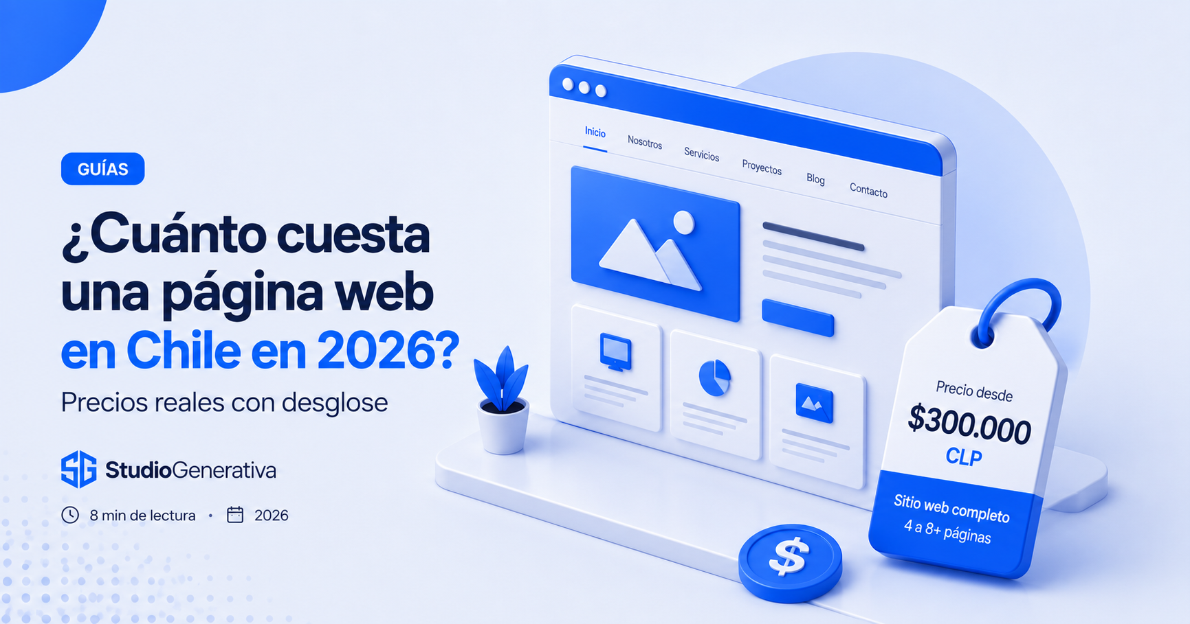 Ilustración 3D isométrica de una página web con etiqueta de precio, representando el costo de crear un sitio web en Chile