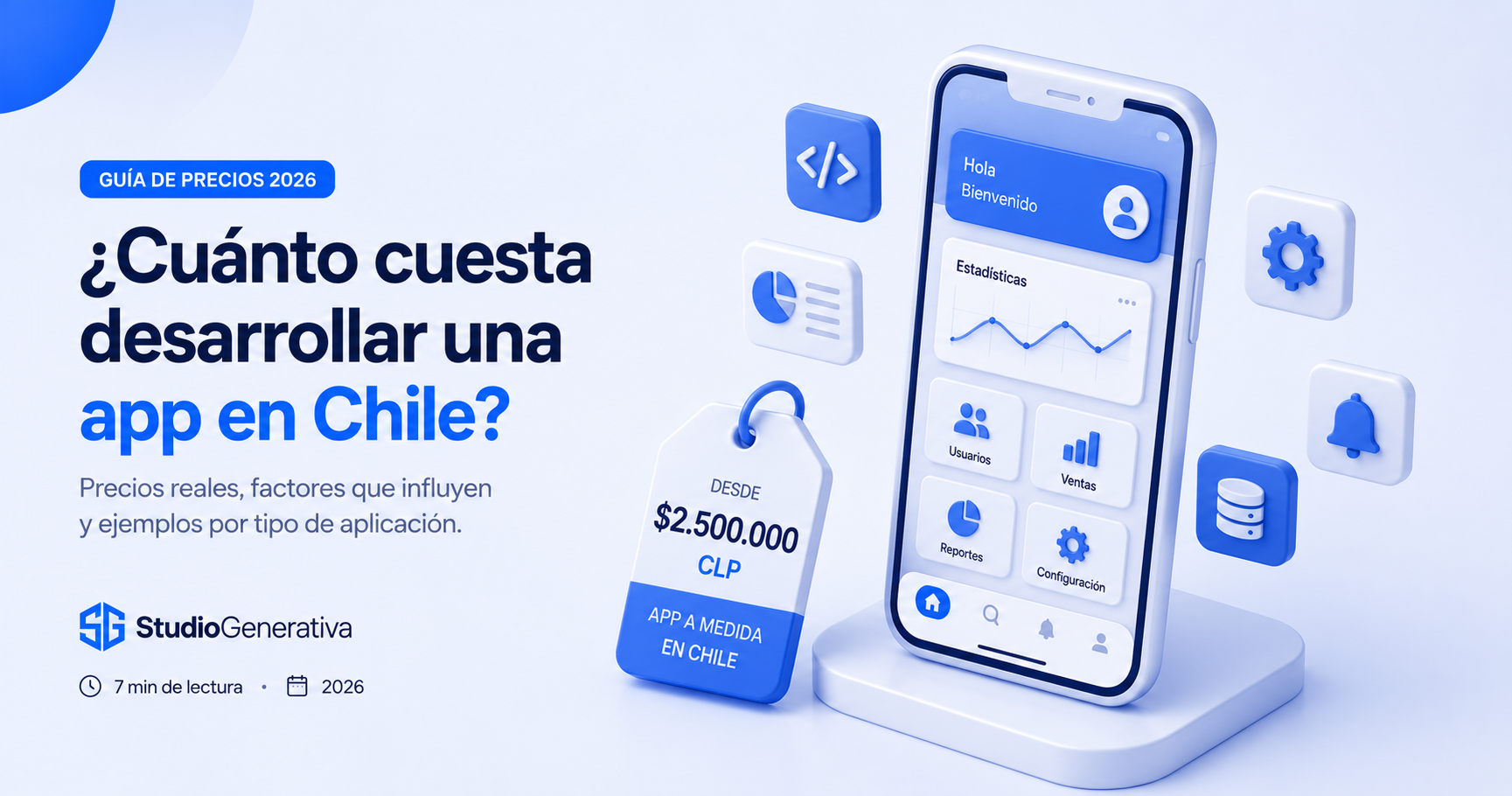 Ilustración 3D isométrica de un smartphone con elementos de app flotando y etiqueta de precio, representando el costo de desarrollar una app