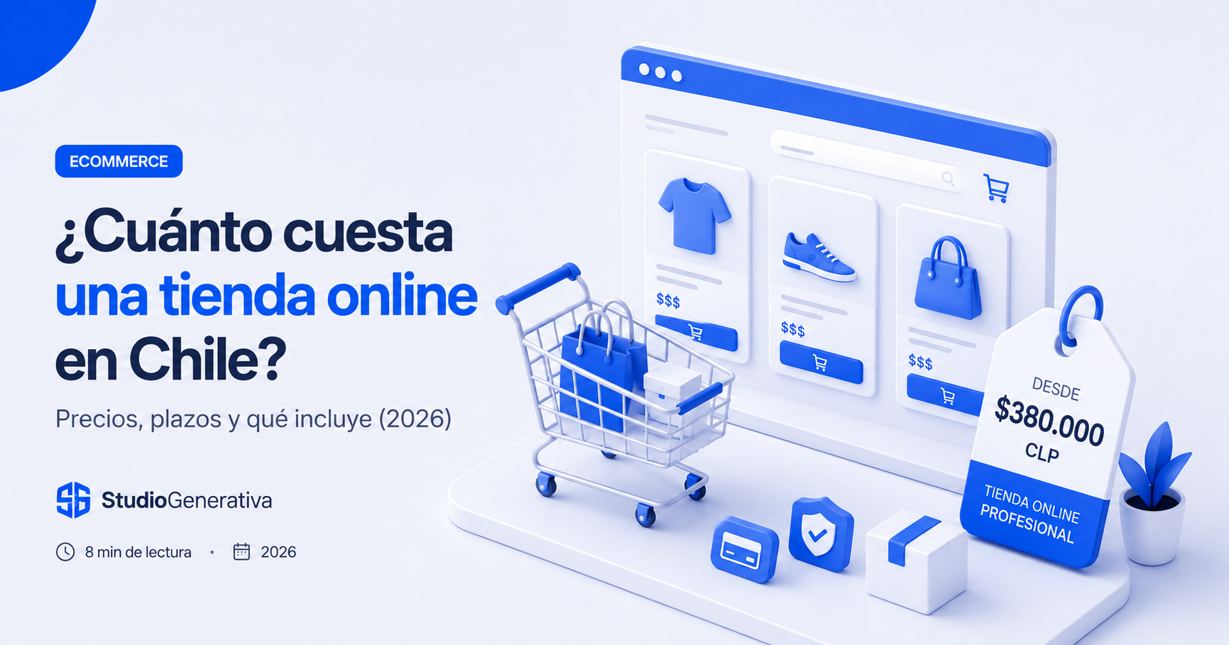 Ilustración 3D isométrica de un carrito de compras con productos y etiqueta de precio, representando el costo de una tienda online